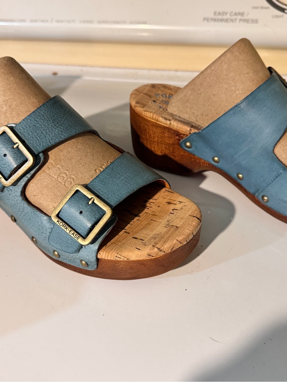 Kork-Ease Teal Leather Cork Buckle Wedge Sandals